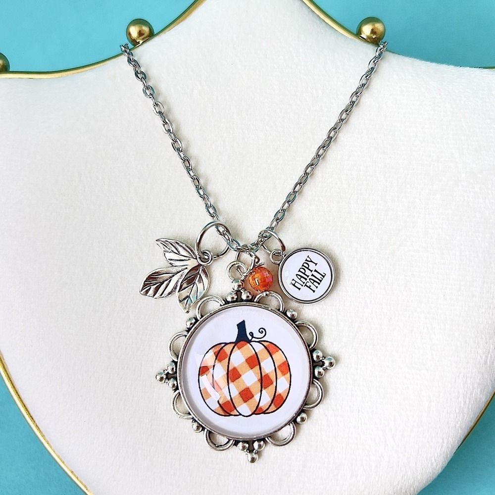 Happy Fall Pumpkin Pendant Necklace Silver Tone Long Chain Charm Leaf Bead 28"